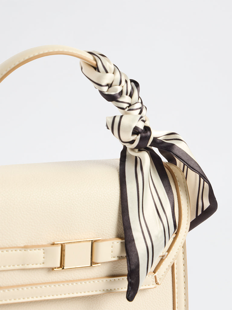 Westside Off-White Textured Satchel Bag with a Scarf