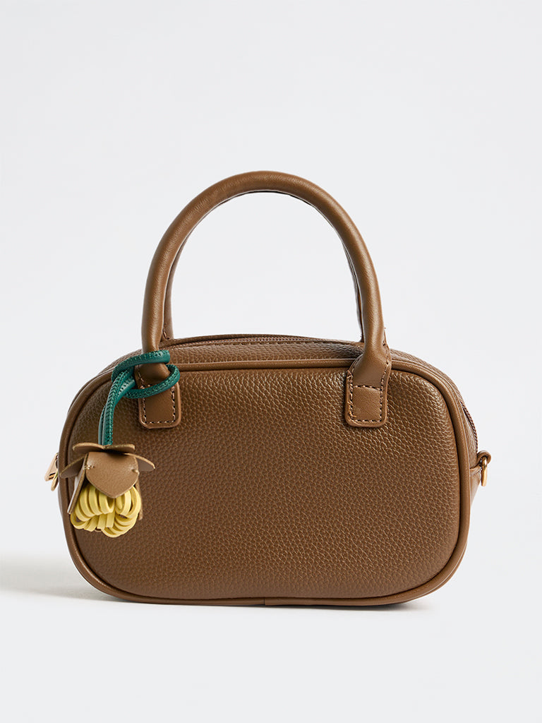 Westside Dark Brown Textured Sling Bag with a Floral Bag Charm