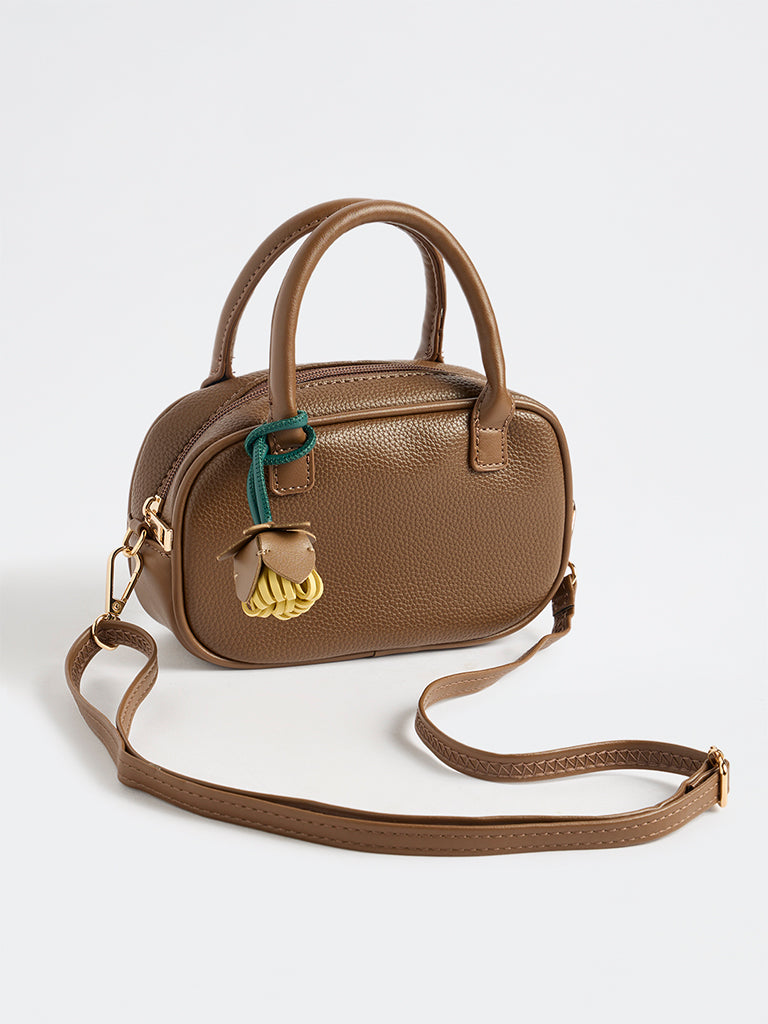 Westside Dark Brown Textured Sling Bag with a Floral Bag Charm