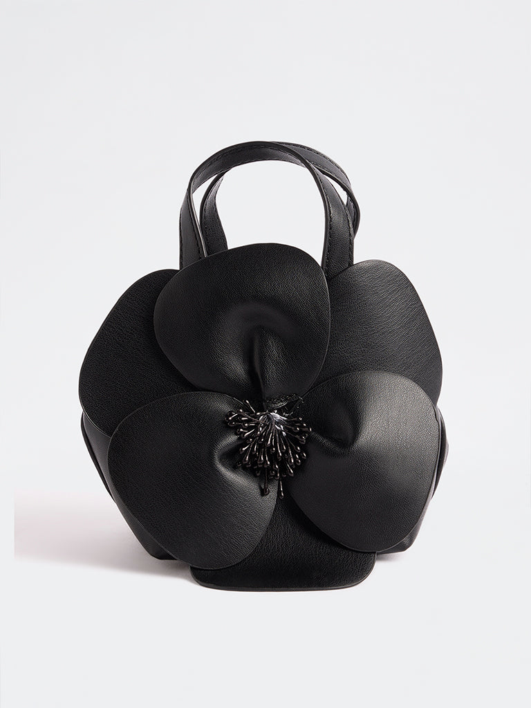 Westside Black Floral Embellished Handbag with a Pouch