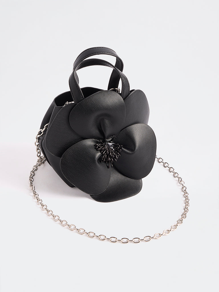 Westside Black Floral Embellished Handbag with a Pouch