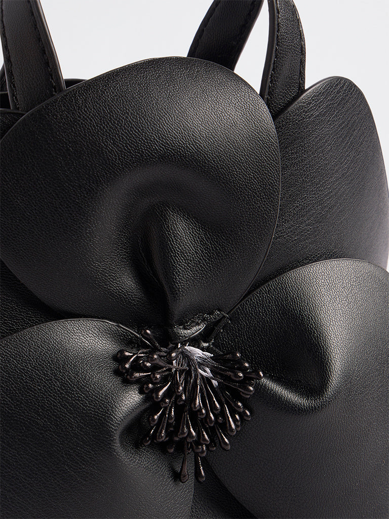 Westside Black Floral Embellished Handbag with a Pouch