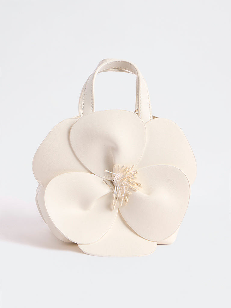 Westside White Floral Embellished Handbag with a Pouch