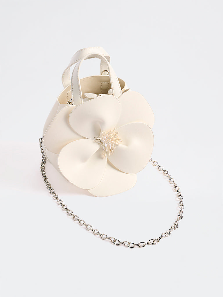 Westside White Floral Embellished Handbag with a Pouch