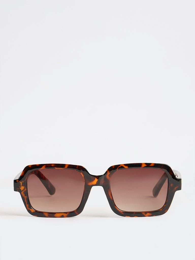 Westside Accessories Brown Tortoiseshell Rectangular Sunglasses with Pouch