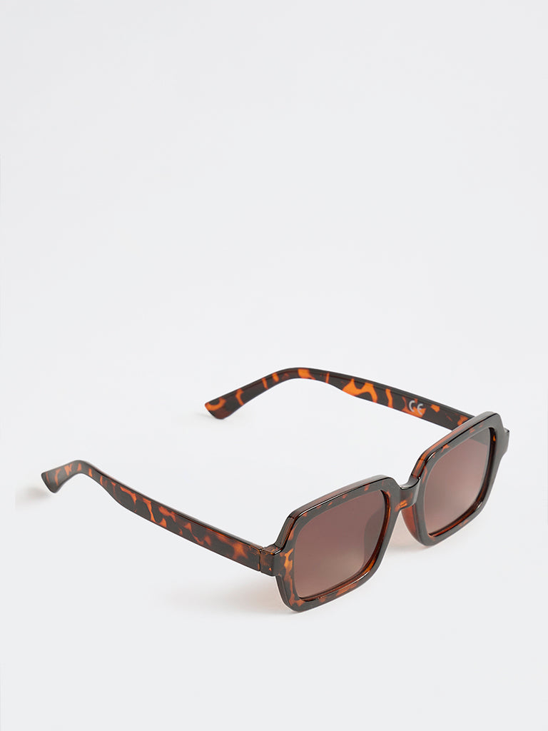 Westside Accessories Brown Tortoiseshell Rectangular Sunglasses with Pouch