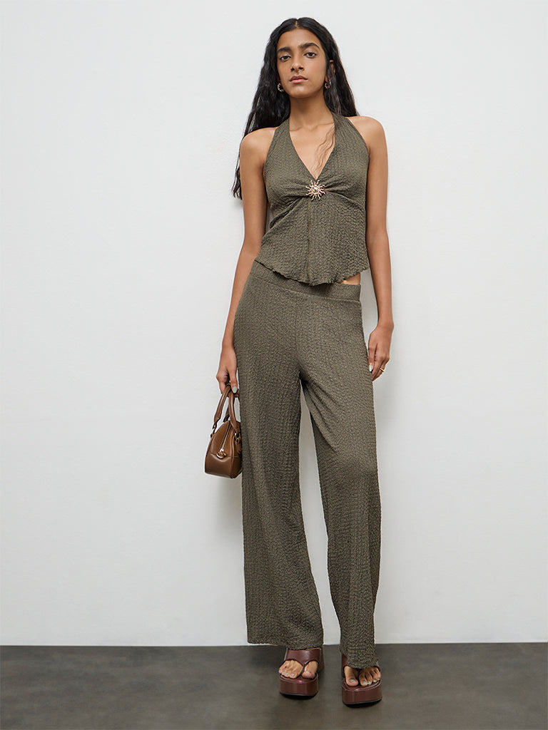 Buy Nuon Olive Textured Halter-Neck Top from Westside