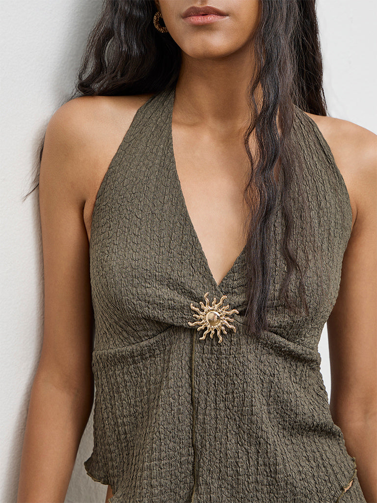 Buy Nuon Olive Textured Halter-Neck Top from Westside