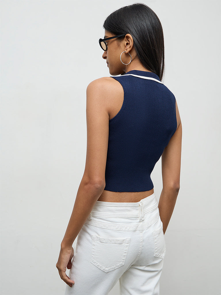 Nuon Navy Ribbed-Textured Top