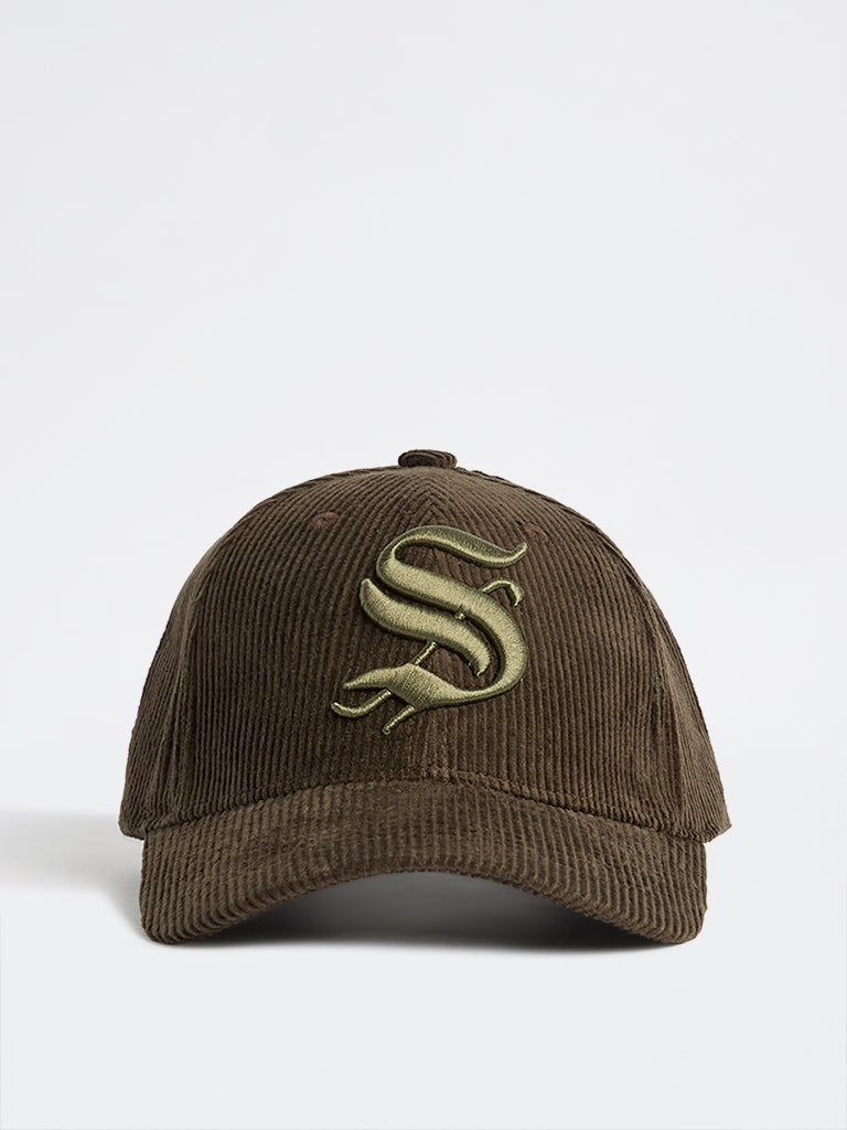 Nuon Dark Olive Text-Embroidered Corduroy Cap