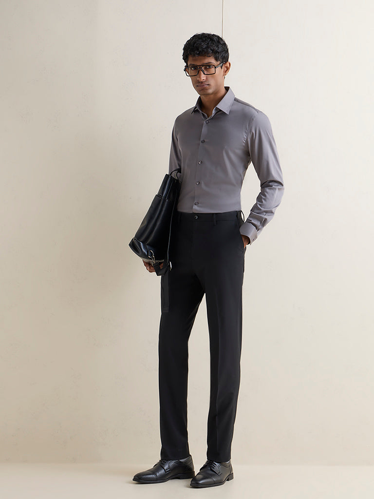 WES Formals Black Solid Relaxed-Fit Mid-Rise Trousers