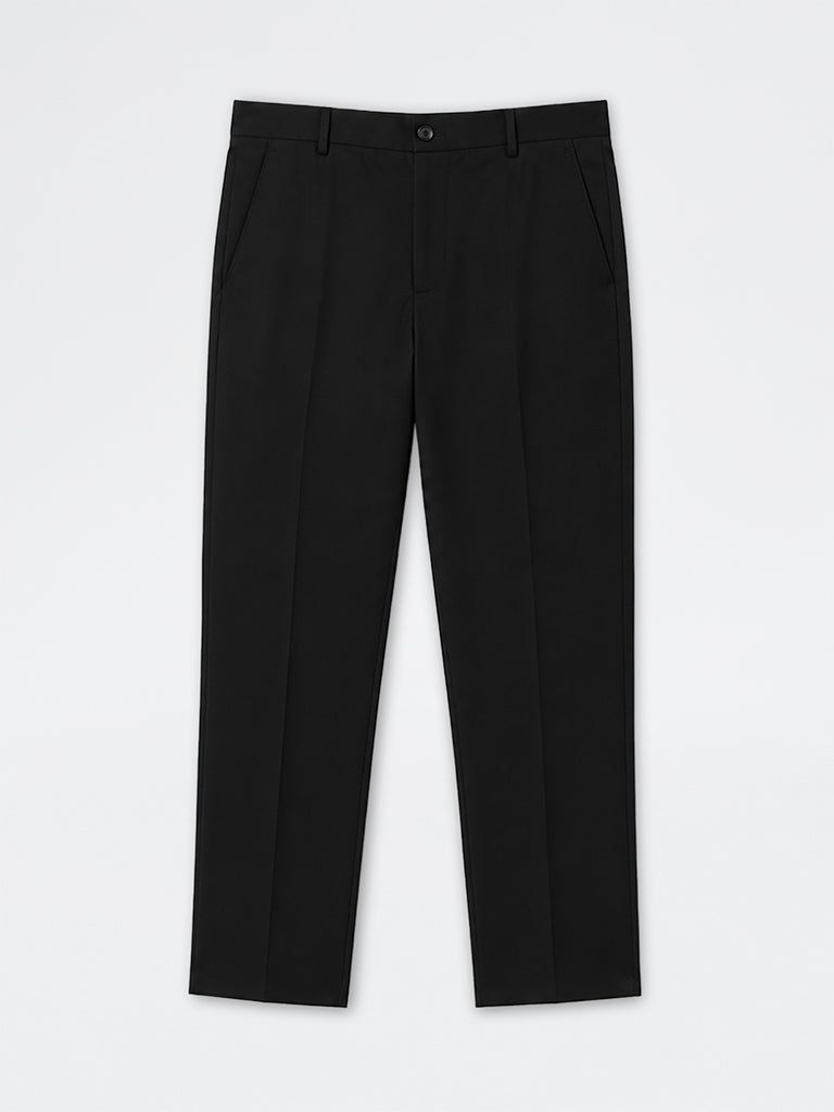 WES Formals Black Solid Relaxed-Fit Mid-Rise Trousers