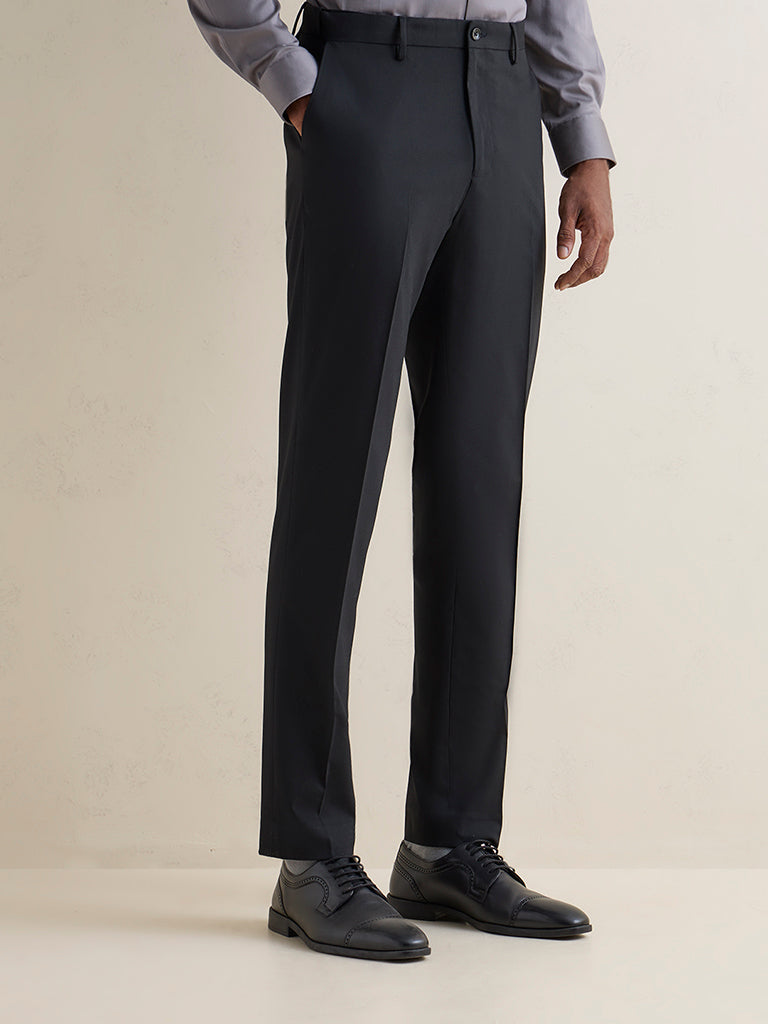 WES Formals Black Solid Relaxed-Fit Mid-Rise Trousers
