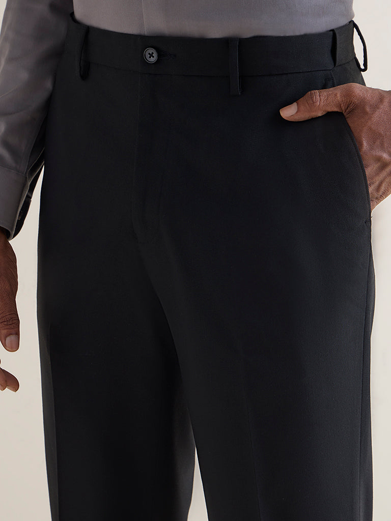 WES Formals Black Solid Relaxed-Fit Mid-Rise Trousers