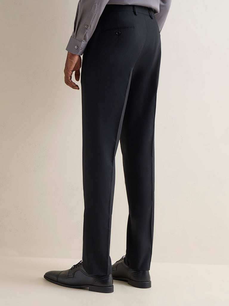 WES Formals Black Solid Relaxed-Fit Mid-Rise Trousers