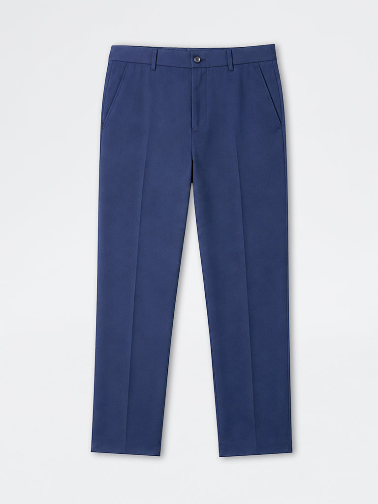 WES Formals Navy Solid Relaxed-Fit Mid-Rise Trousers