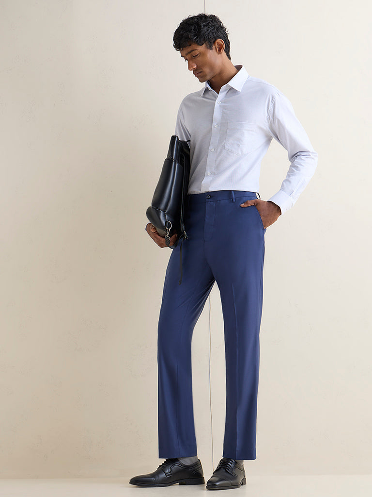 WES Formals Navy Solid Relaxed-Fit Mid-Rise Trousers