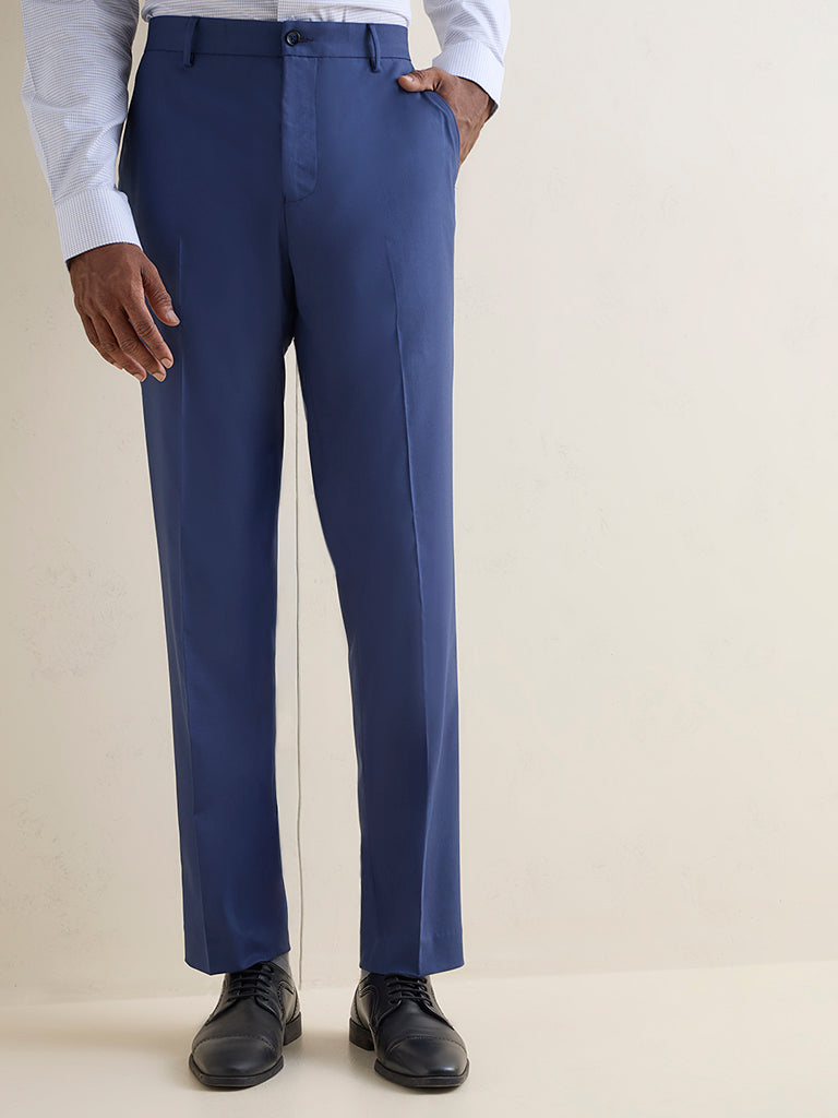 WES Formals Navy Solid Relaxed-Fit Mid-Rise Trousers