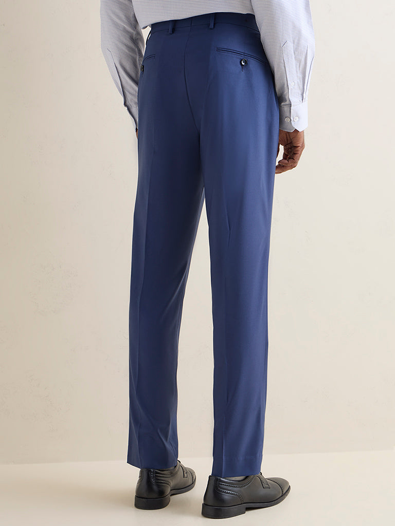 WES Formals Navy Solid Relaxed-Fit Mid-Rise Trousers