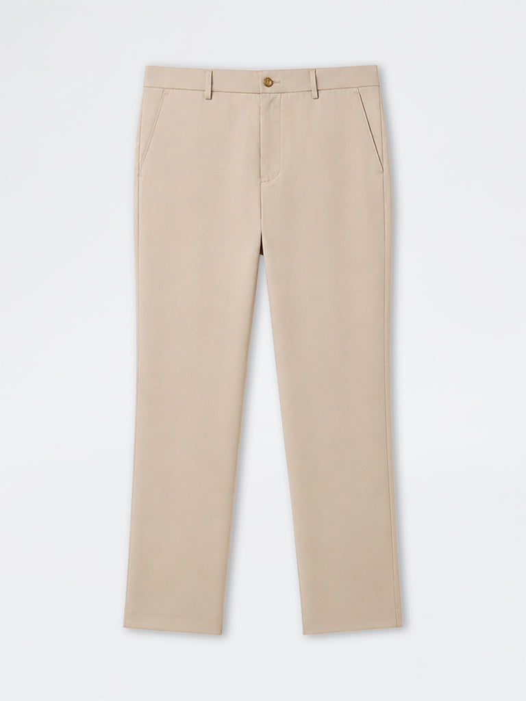 WES Formals Beige Solid Relaxed-Fit Mid-Rise Trousers