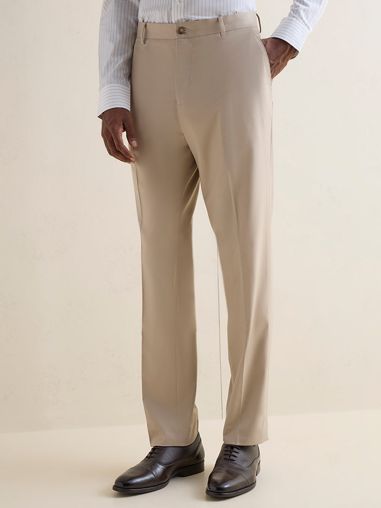 WES Formals Beige Solid Relaxed-Fit Mid-Rise Trousers