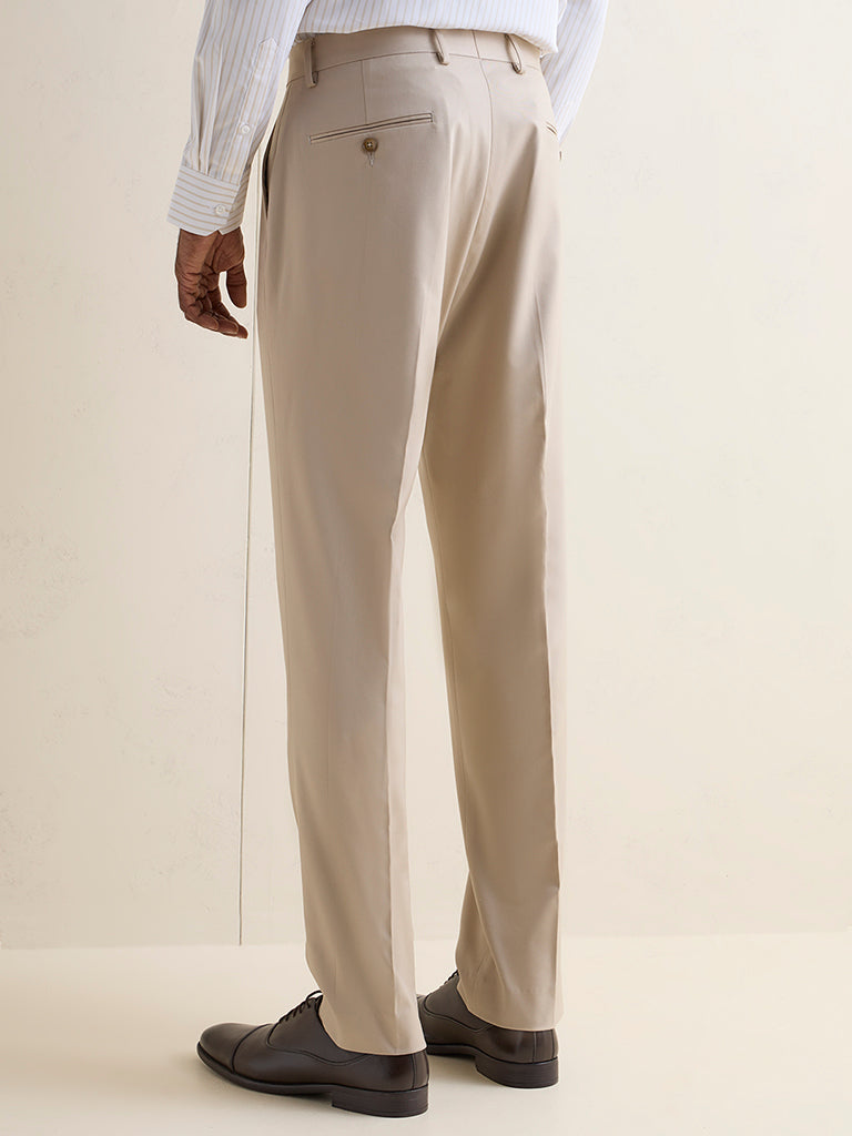 WES Formals Beige Solid Relaxed-Fit Mid-Rise Trousers