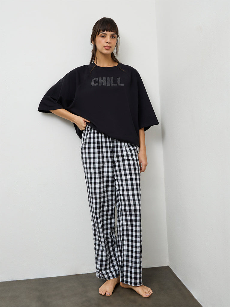 Wunderlove Black Text Embroidered Cotton T-Shirt