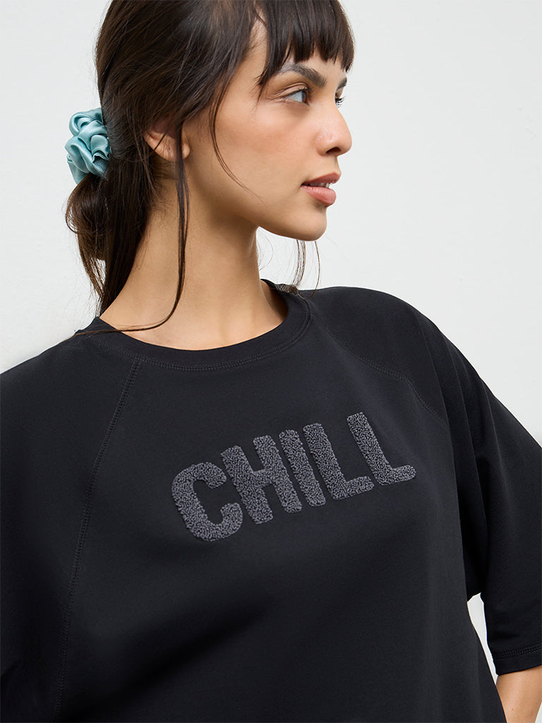 Wunderlove Black Text Embroidered Cotton T-Shirt