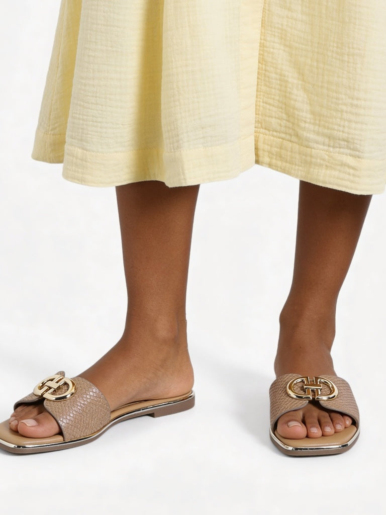 LUNA BLU Light Taupe Textured Detail Flat Sandals