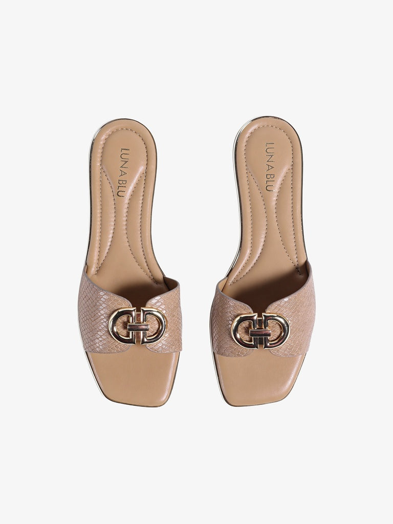 LUNA BLU Light Taupe Textured Detail Flat Sandals