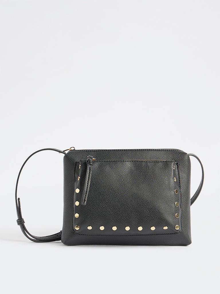 Westside Black Stud-Detail Textured Sling Bag