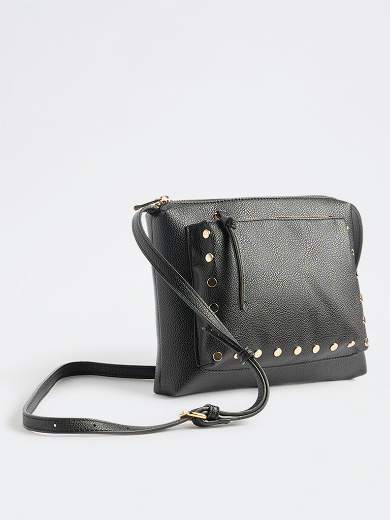Westside Black Stud-Detail Textured Sling Bag