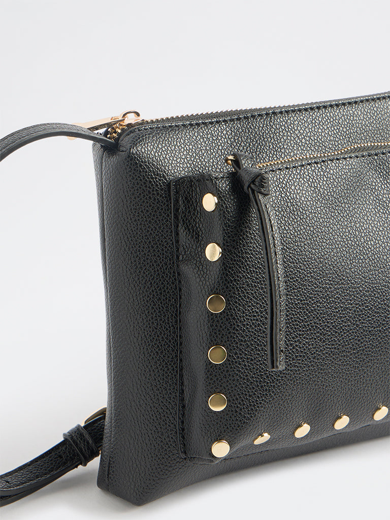 Westside Black Stud-Detail Textured Sling Bag