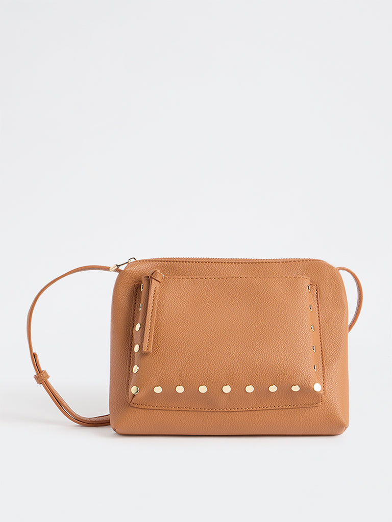 Westside Brown Stud-Detail Textured Sling Bag