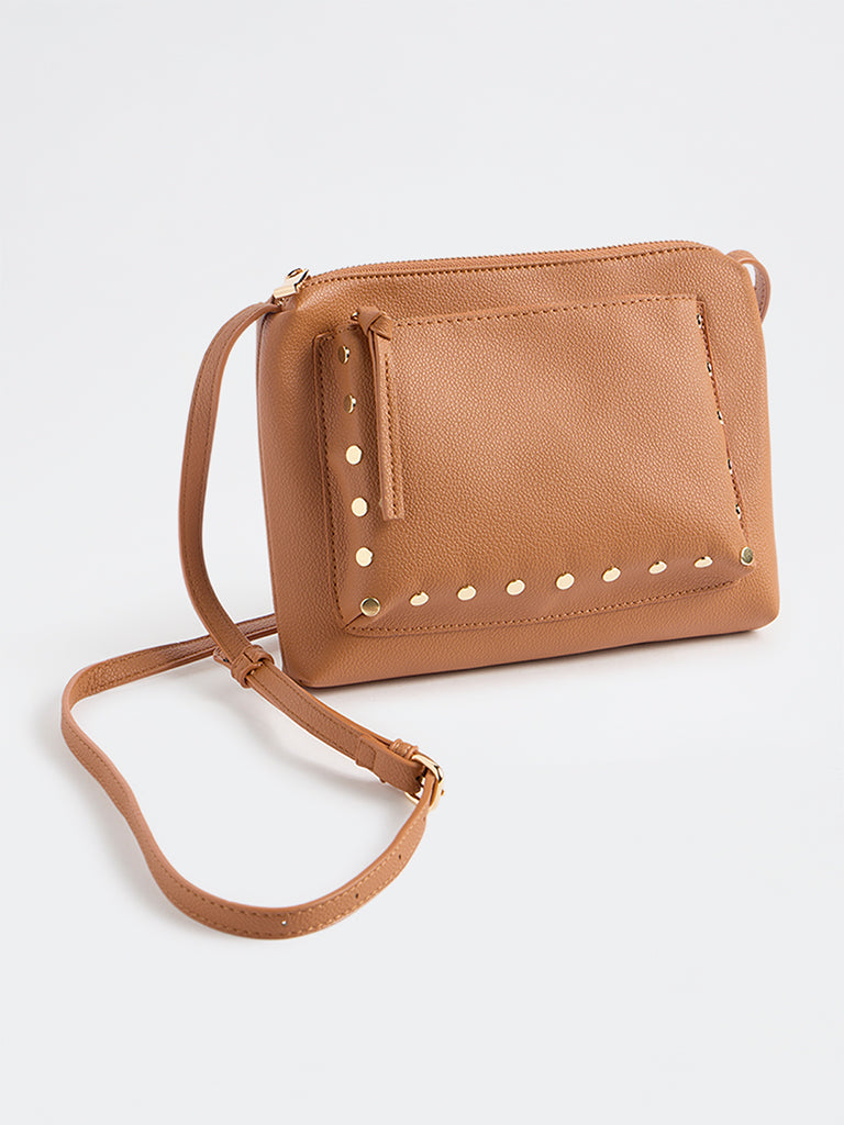 Westside Brown Stud-Detail Textured Sling Bag