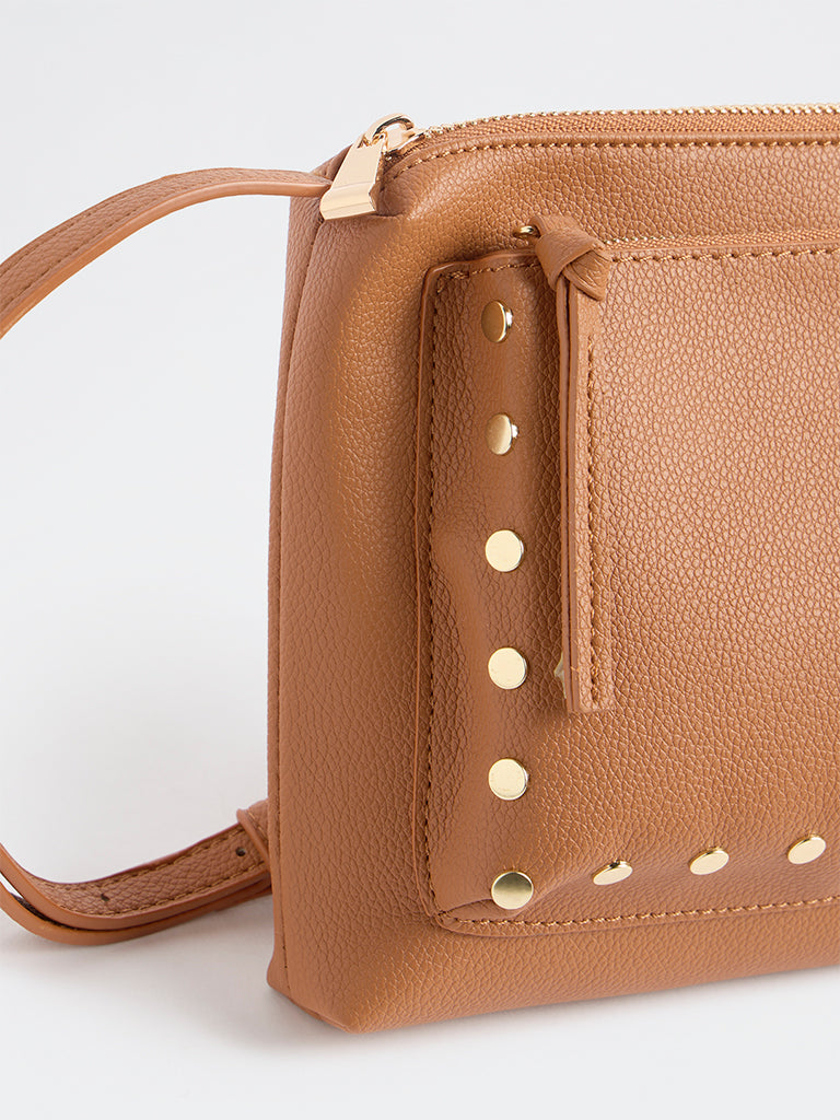 Westside Brown Stud-Detail Textured Sling Bag