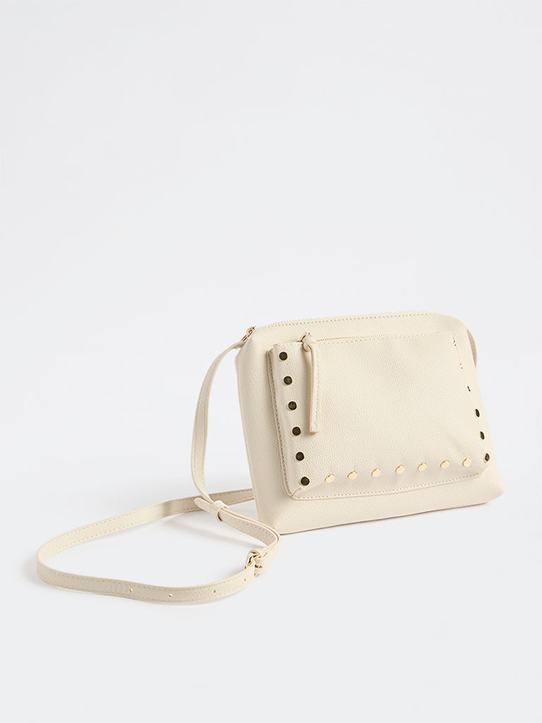 Westside Off-White Stud-Detail Textured Sling Bag