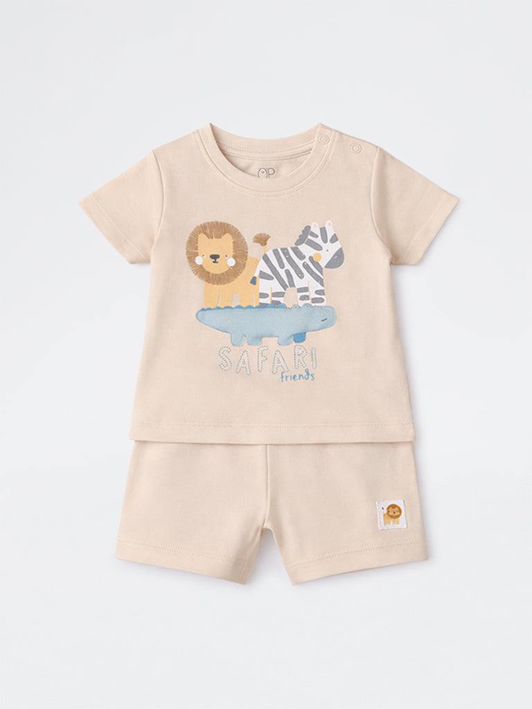 2-Piece HOP Baby Boys Taupe Animal Printed Cotton Set