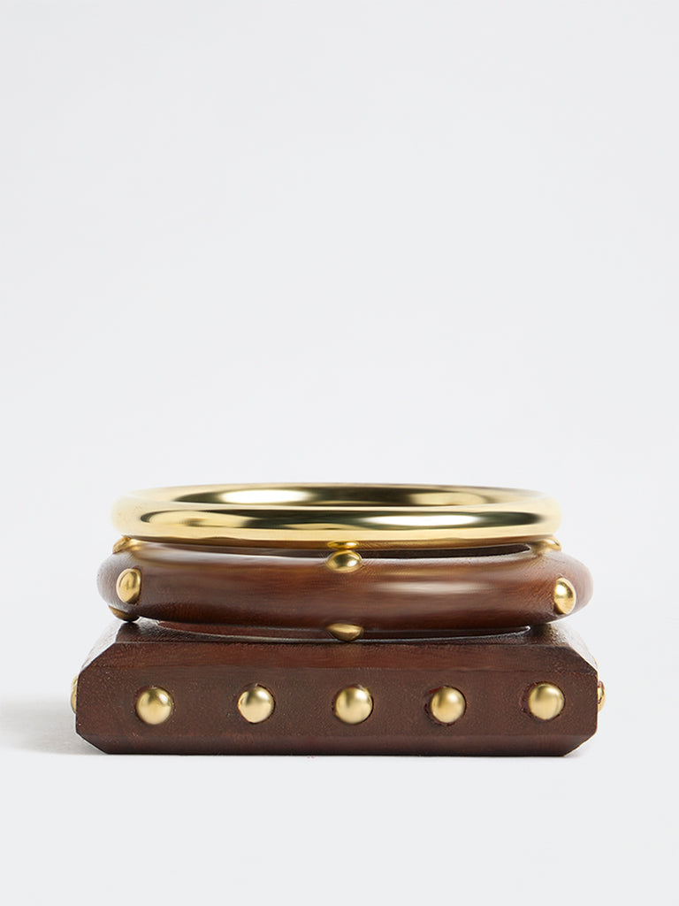 Westside Accessories Brown Wood and Metal Bangles - Pack of 3
