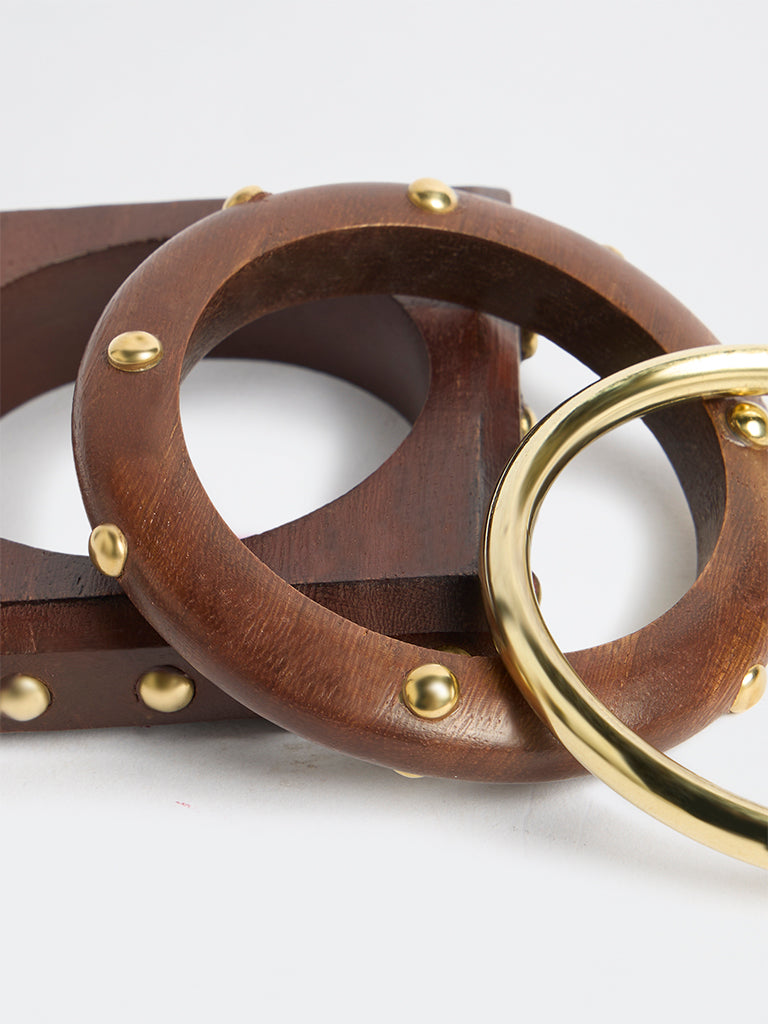 Westside Accessories Brown Wood and Metal Bangles - Pack of 3