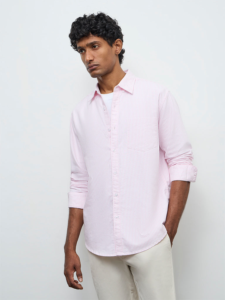 WES Casuals Pink Striped Relaxed-Fit Cotton Shirt