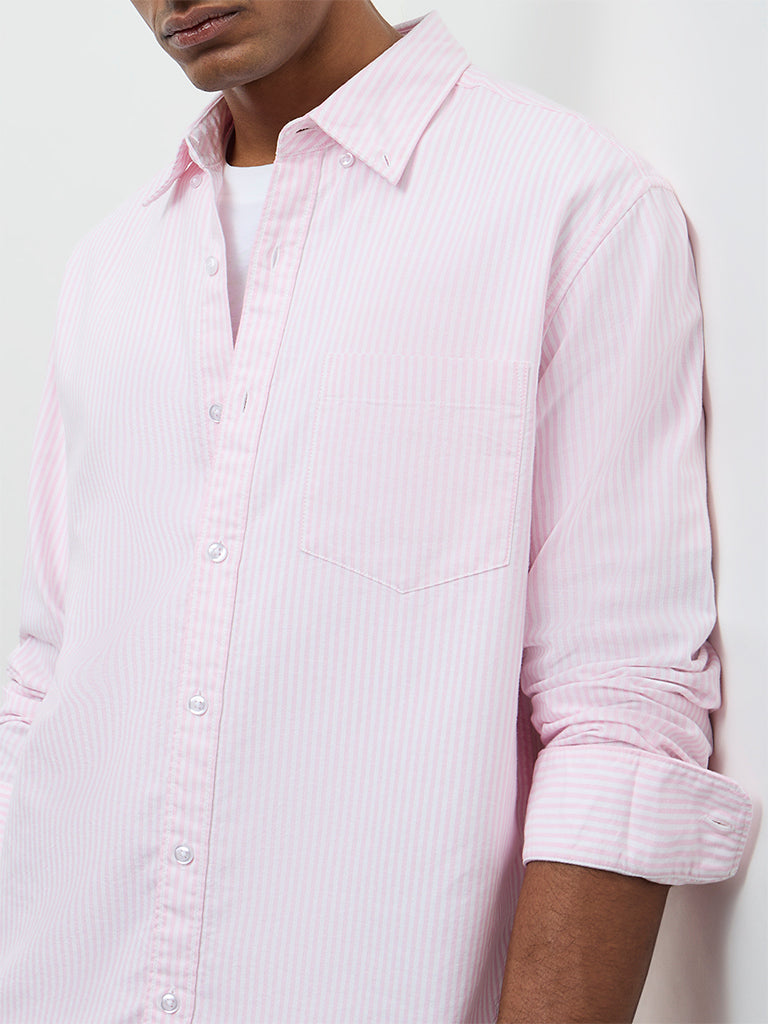 WES Casuals Pink Striped Relaxed-Fit Cotton Shirt