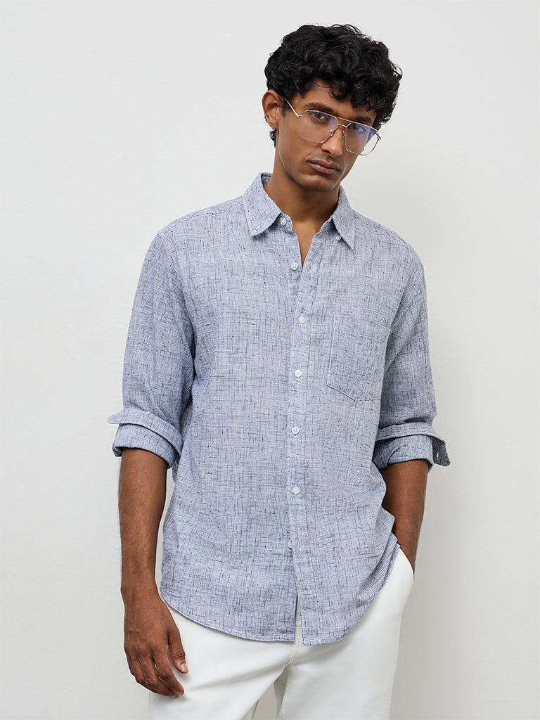 WES Casuals Navy Checks-Textured Relaxed-Fit Cotton-Blend Shirt