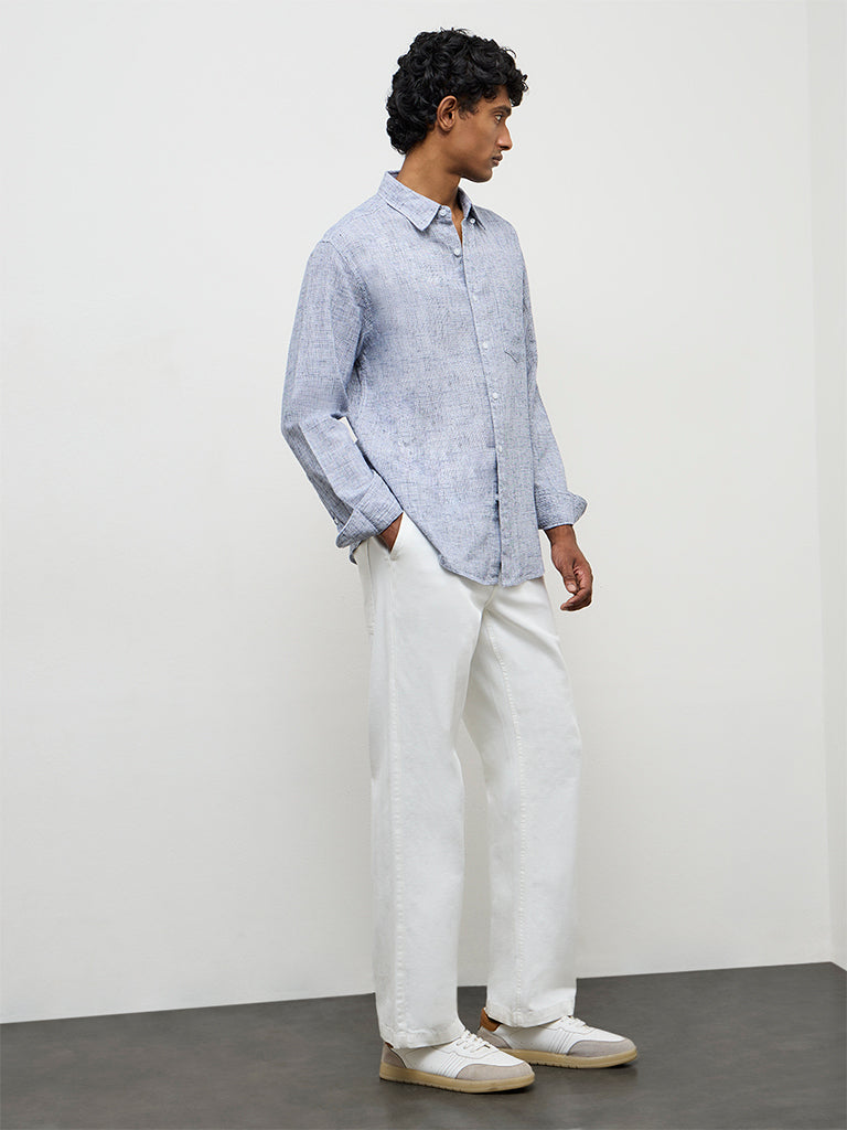 WES Casuals Navy Checks-Textured Relaxed-Fit Cotton-Blend Shirt