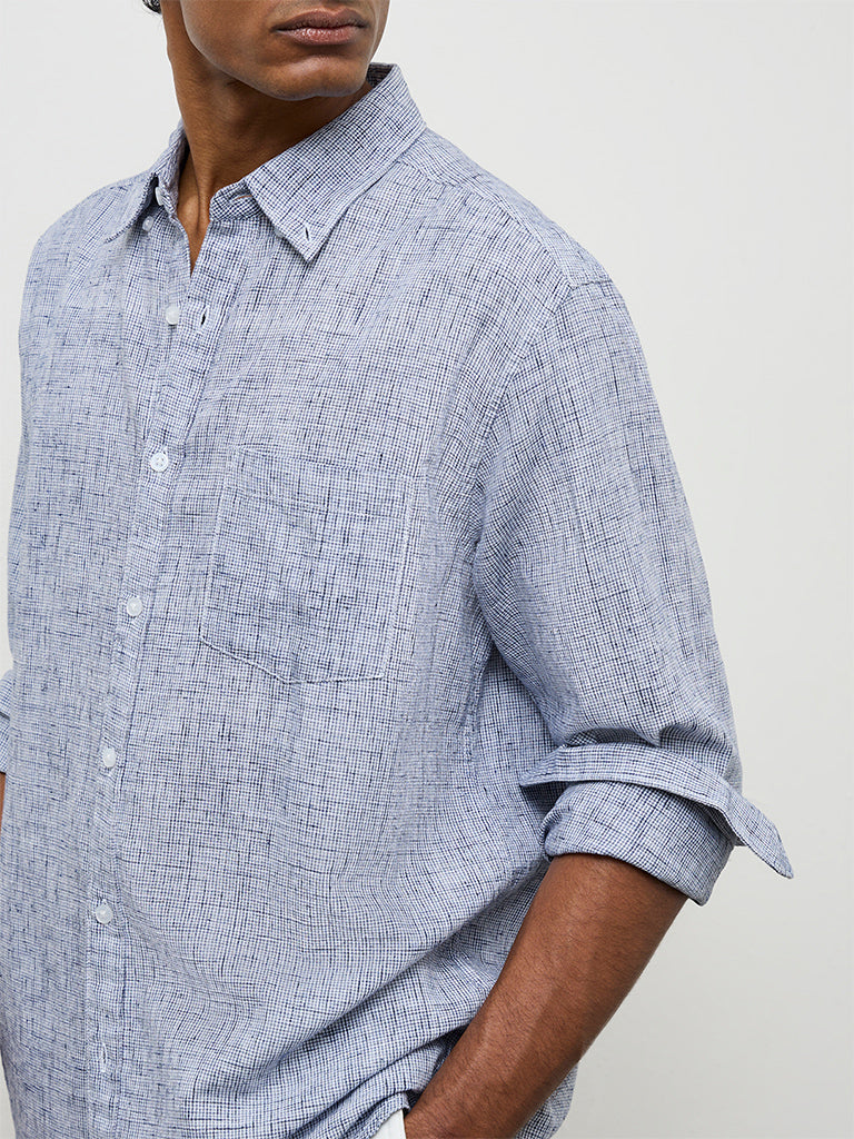 WES Casuals Navy Checks-Textured Relaxed-Fit Cotton-Blend Shirt