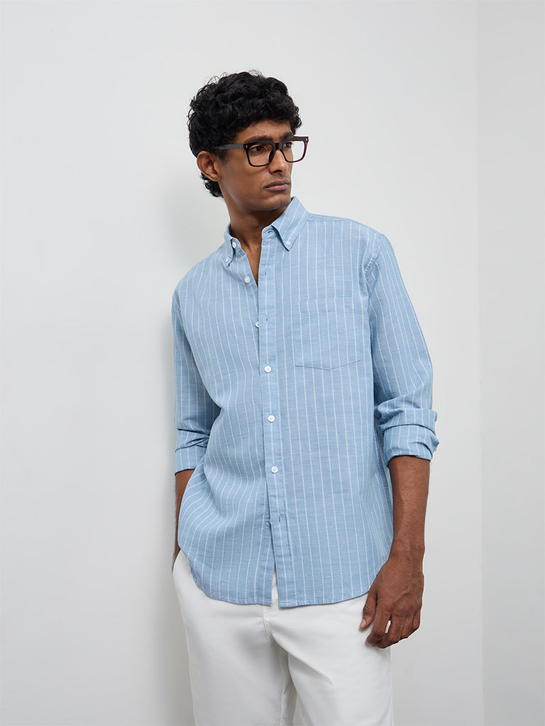 WES Casuals Light Blue Striped Relaxed-Fit Cotton-Blend Shirt