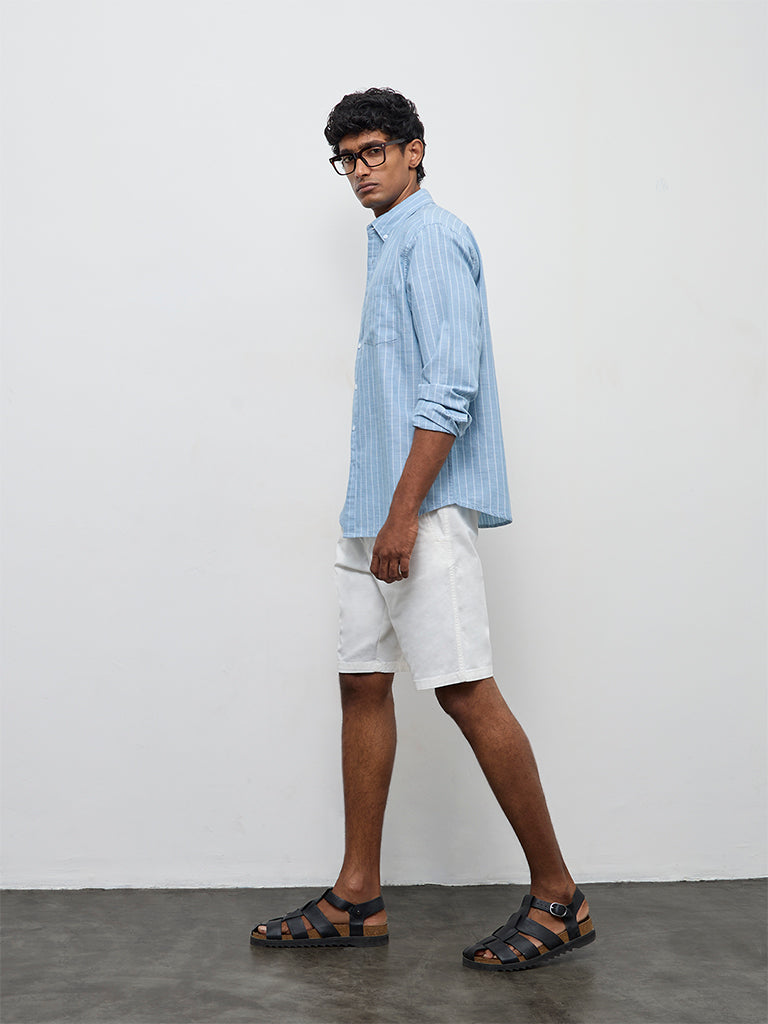 WES Casuals Light Blue Striped Relaxed-Fit Cotton-Blend Shirt