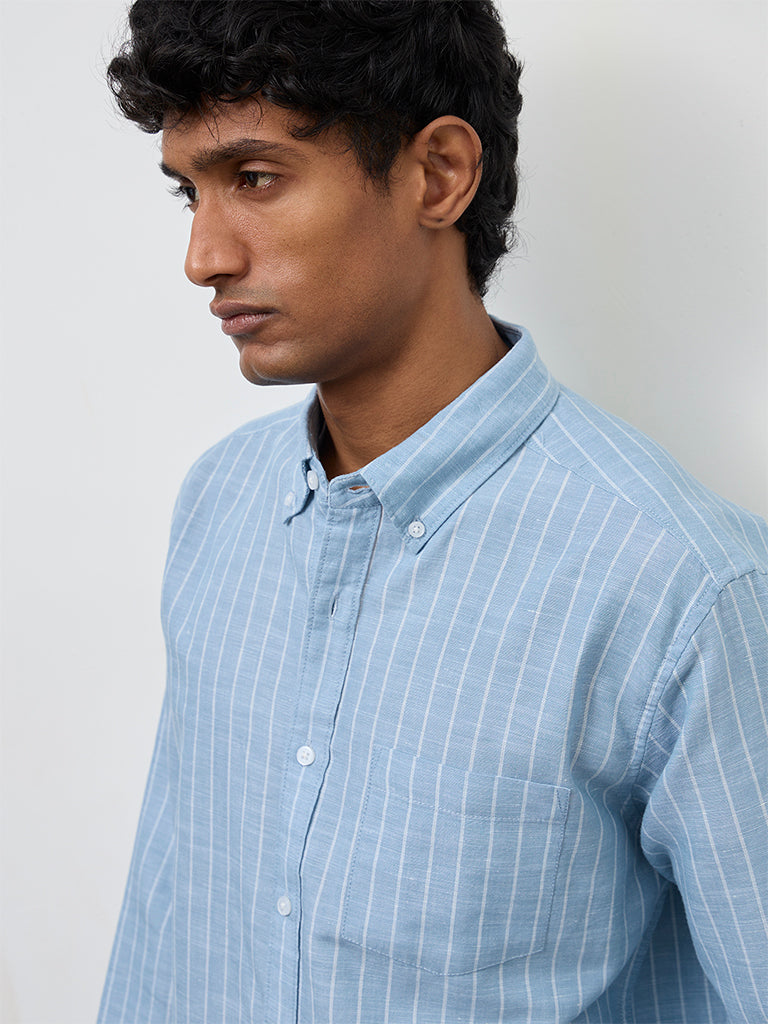 WES Casuals Light Blue Striped Relaxed-Fit Cotton-Blend Shirt
