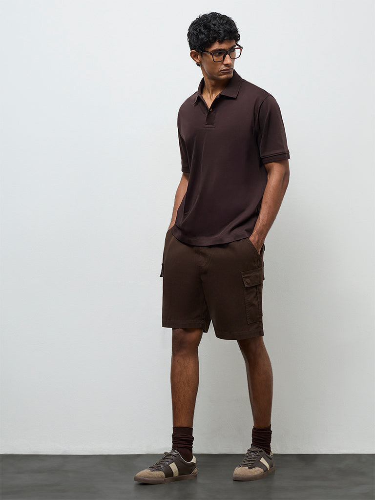 WES Casuals Dark Brown Relaxed-Fit Cotton-Blend Polo T-Shirt