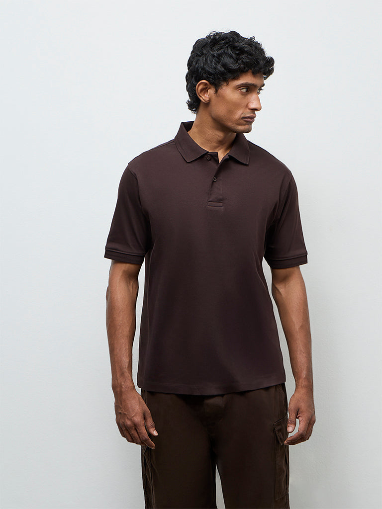 WES Casuals Dark Brown Relaxed-Fit Cotton-Blend Polo T-Shirt